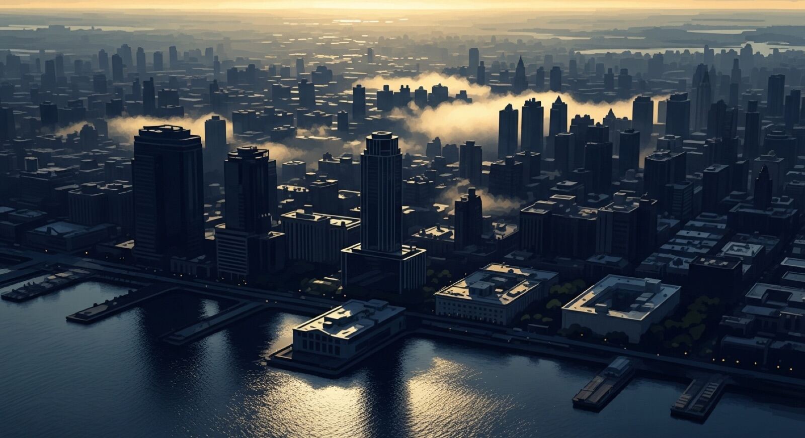 Aerial view of Brooklyn and Manhattan rooftops at dawn with the East River between the boroughs